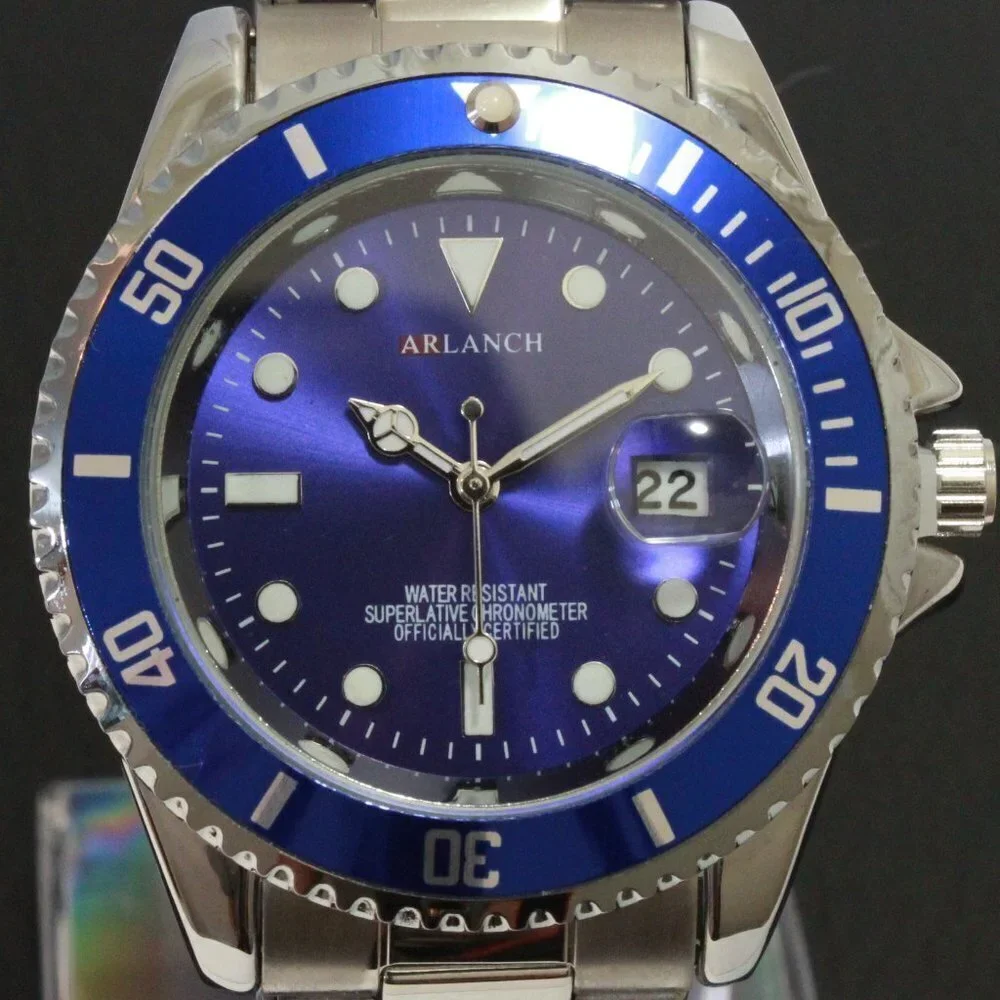 Men's Diver Style Watch Blue Uni-directional Bezel Stainless Bracelet 40mm